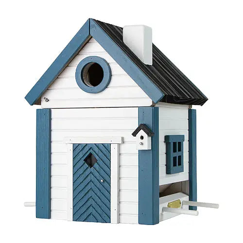 Multi-Fuglekasse/Foderhus - White and Blue Cottage - Ekskl. Pæl