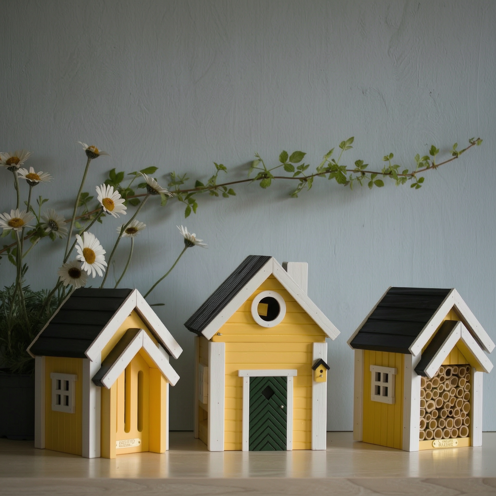 Gule Huse 3-pak: Sommerfuglehus + Multi-Fuglekasse/Foderhus + Bihotel