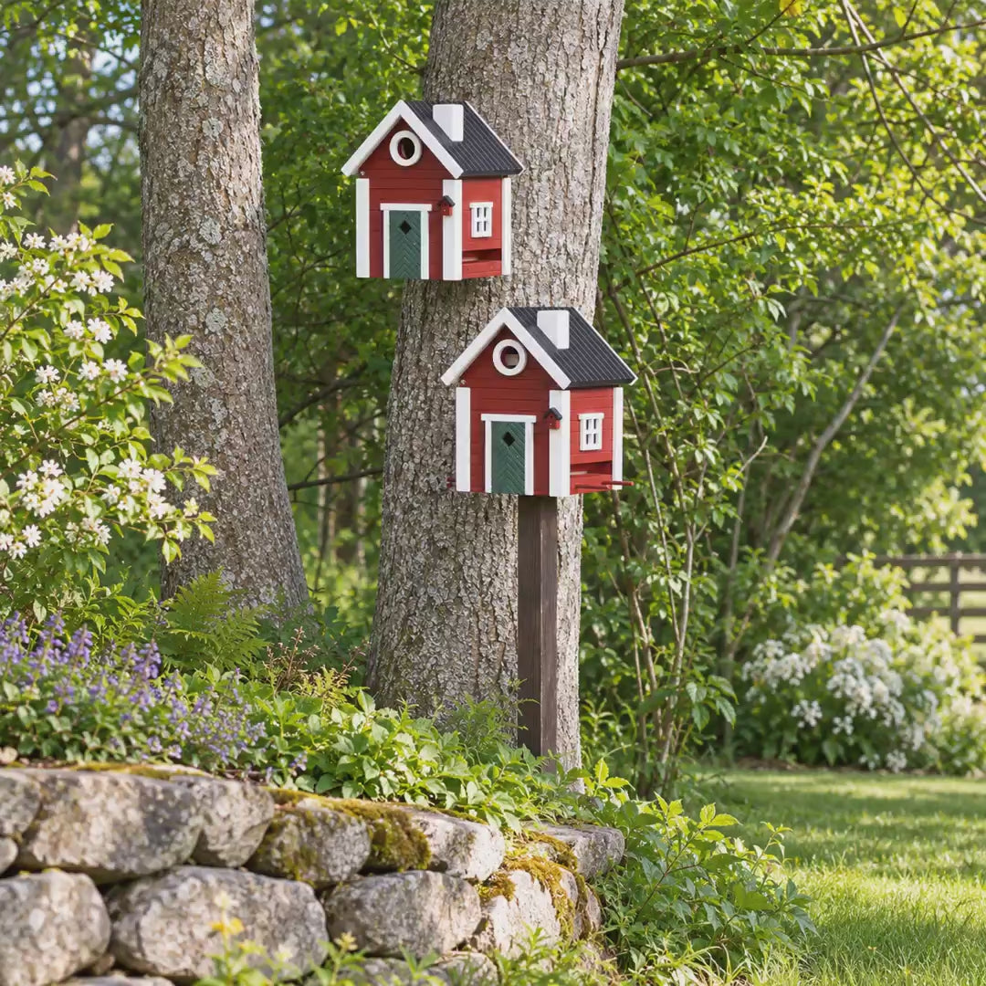 Indlæs video: Red Cottage Multiholk – sæt med 2 fuglehuse