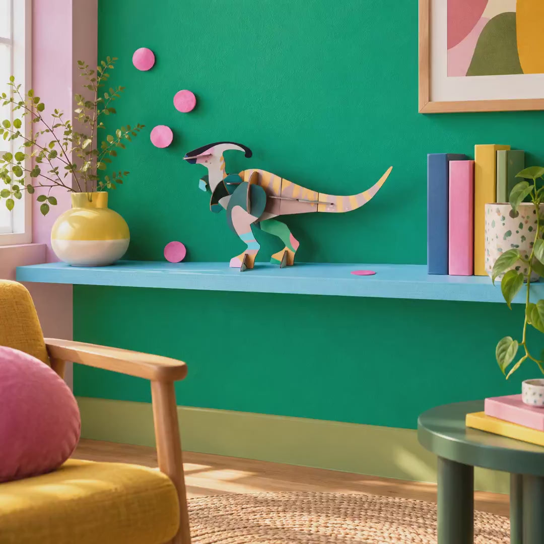 Indlæs video: Parasaul Dino – 3D-figur fra Studio ROOF